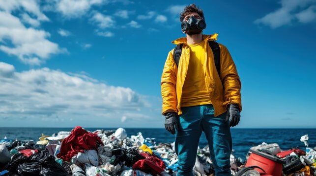 A lone figure stands among piles of trash on a beach, equipped with a gas mask, representing a stark reminder of the environmental crisis and the impact of pollution.