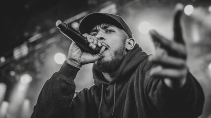 A man is singing into a microphone while wearing a black hoodie. The image has a mood of excitement and energy, as the man is performing in front of a crowd