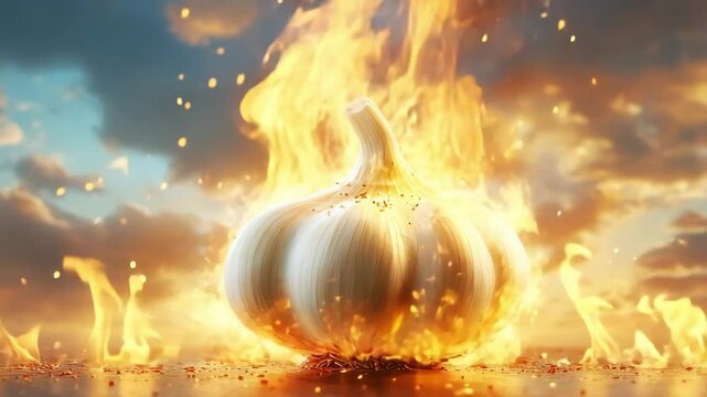 A whole garlic bulb dramatically engulfed in flames against a vivid sky, symbolizing intense flavor, heat, and bold culinary energy in a fiery, surreal food-themed visual composition.