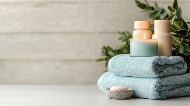 A calming spa setup featuring soft towels, scented candles, and tranquility elements, promoting relaxation and wellness in a serene environment for ultimate self-care.