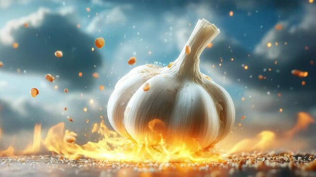 A fresh garlic bulb ignites in a fiery burst amid dynamic lighting and flying embers, capturing the intensity and bold flavor of cooking ingredients in an epic, surreal food-themed concept.