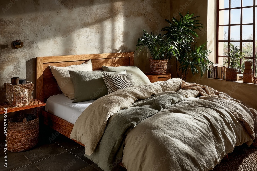 Poster elevating comfort in a nordic-inspired bedroom with a serene palette and soft textures illuminated b