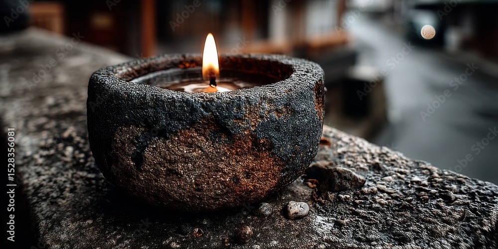 Poster single white candle radiating warmth in a rustic clay holder on a textured stone surface, creating a
