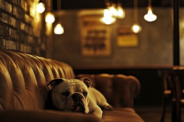 Bulldog relaxing in a vintage themed room Textured