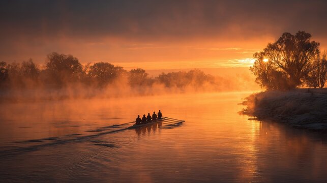 A group of rowers are rowing a boat on a river. The sky is orange and the water is foggy