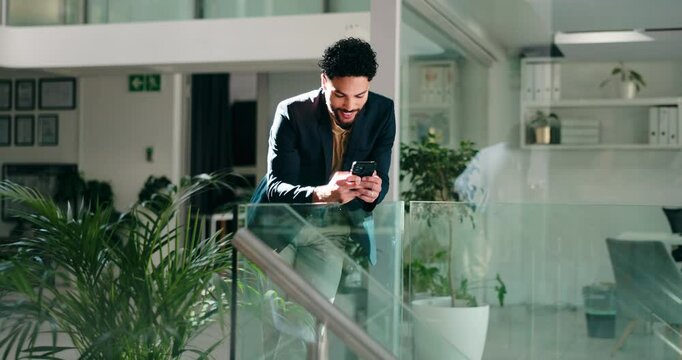 Smile, phone and reading with business man in office for research, legal update and lawyer case. Networking, paralegal contact and communication with person in law firm for attorney and message