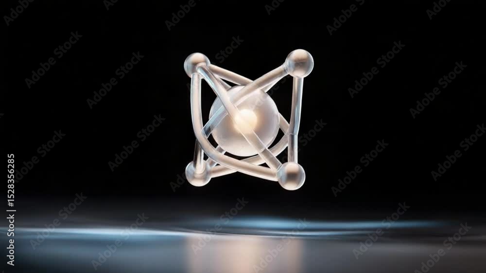 Poster Abstract Atom Structure: A mesmerizing abstract representation of an atom, featuring a luminous core encircled by orbiting electrons, set against a sleek, dark background.