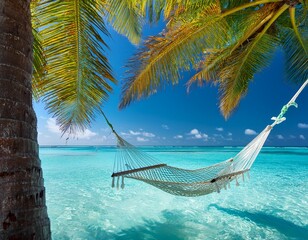 water hammock in maldives sea lagoon pristine blue sea swaying palms sunshine tropical paradise serene ocean shore perfect relaxing summer escape tranquil vacation island tourism vibes