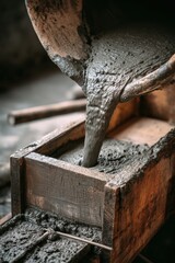 Close-up of Wet Concrete Pouring into Wooden Mold from Cement Mixer