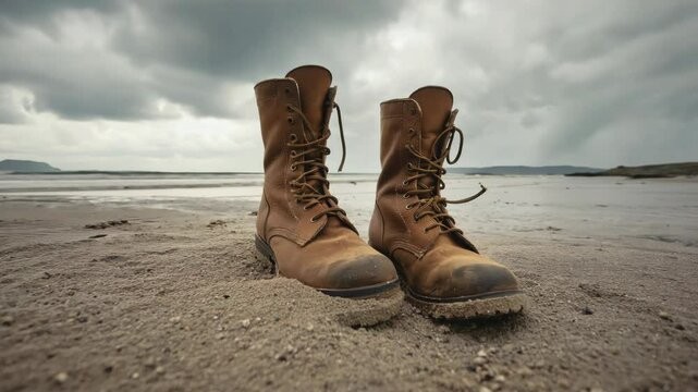 Two brown boots are laying on the sand