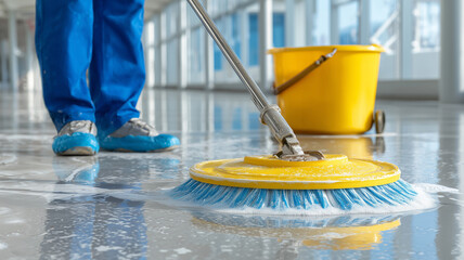 Garage floors worker diligently cleaning with a mop in industrial setting