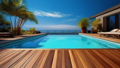 Fototapeta premium blue swimming pool with teak wood flooring generative ai