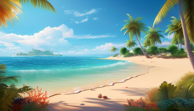 summer beach realistic landscape for poster web banner cover booklet or greeting card seascape 3d background sea or ocean hand drawn travel backdrop illustration