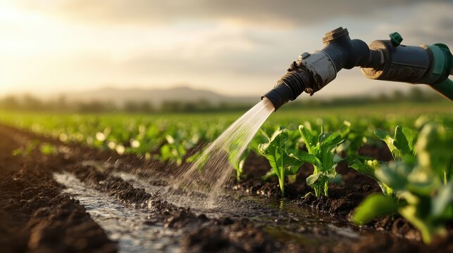 A close-up shot capturing the action of watering young green plants in a field, emphasizing the importance of agriculture and nurturing growth for a sustainable future.