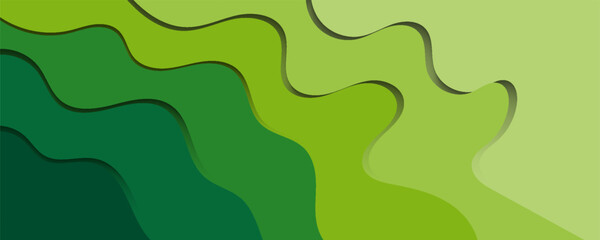 Green paper cut banner with abstract background 3D layers of red waves. Abstract brochure and flyer layout design. Paper art vector illustration.
