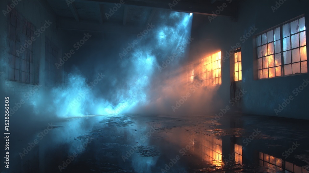 Aufkleber steam rises from a wet floor in a chilled space illuminated by subtle blue light, casting heavy shad