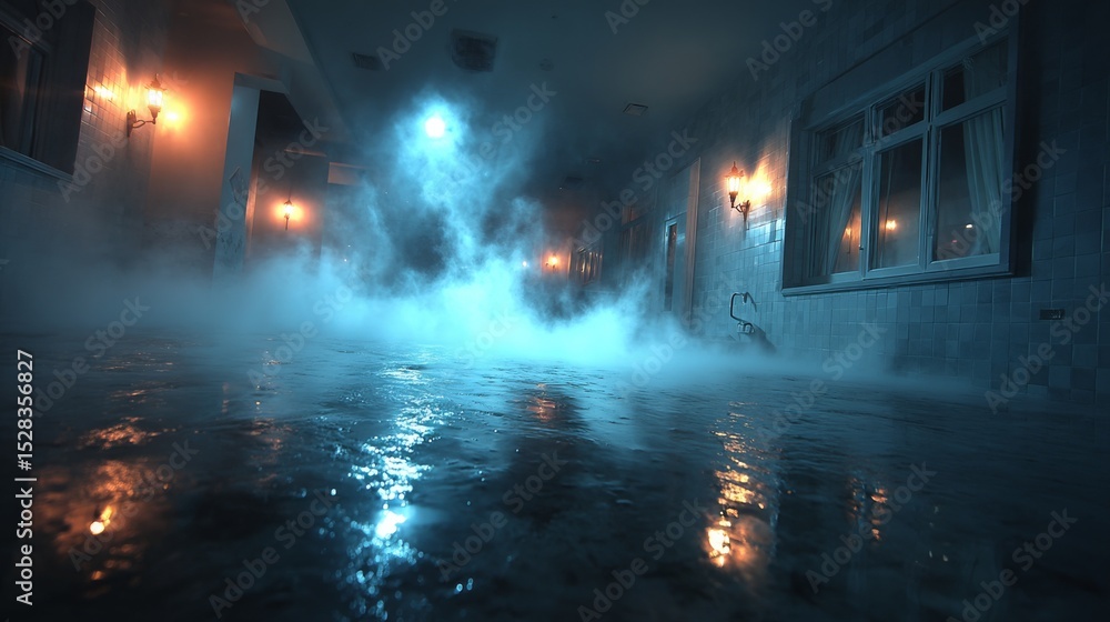 Poster eerie atmosphere of steam rising from a wet floor in a dimly lit corridor surrounded by heavy shadow