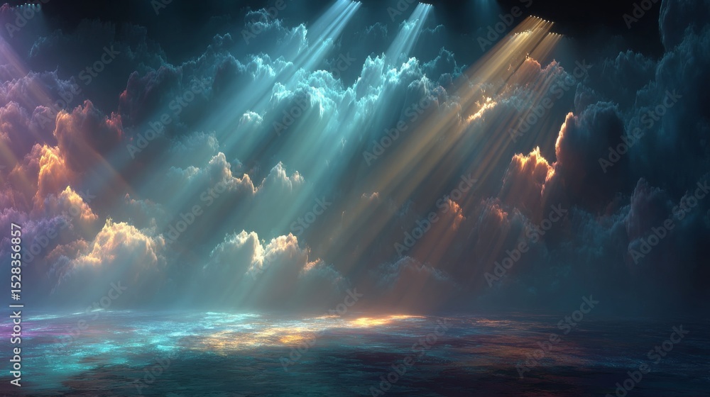 Aufkleber Captivating Interplay of Cold Fog and Ethereal Light Rays Illuminating a Mysterious Studio Backdrop With a Hyperrealistic Atmosphere, Inviting the Imagination to Explore New Dimensions