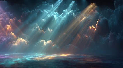 Captivating Interplay of Cold Fog and Ethereal Light Rays Illuminating a Mysterious Studio Backdrop With a Hyperrealistic Atmosphere, Inviting the Imagination to Explore New Dimensions