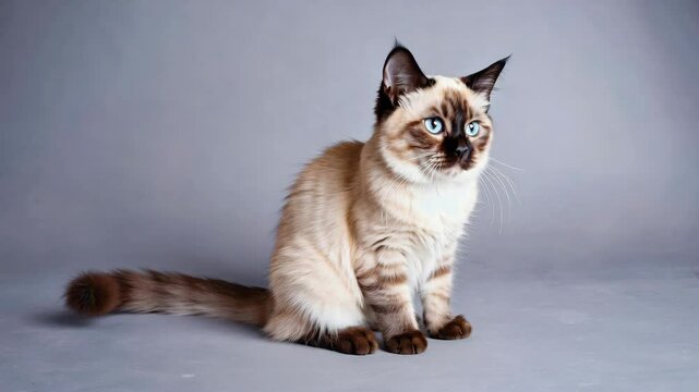 A small cat with blue eyes is sitting on a grey surface