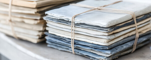 Stacked sheets of paper tied with string sit on a surface. Organization, simplicity, vintage