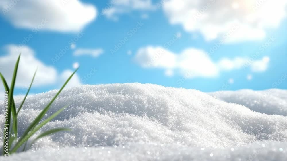 Poster winter wonder: a lone blade of grass emerges courageously from a pristine snowscape, set against a b