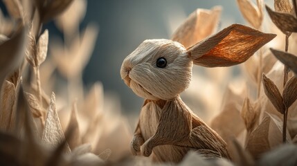 Naklejka premium A rabbit is standing in a field of flowers. The rabbit is small and brown, and it is looking at the camera. The field of flowers is full of different types of flowers