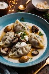 Delicious dumplings served in broth with mushrooms and sour cream, beautifully plated for a comforting meal
