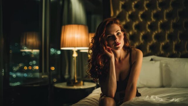 Elegant redhead wearing luxurious lingerie sitting gracefully on hotel bed, with nighttime cityscape visible through soft lit window, embodying sensual and glamorous mood