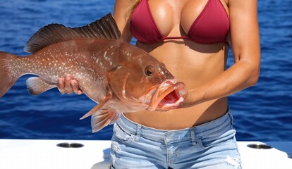 Beautiful young woman in bikini holding fish while fishing.