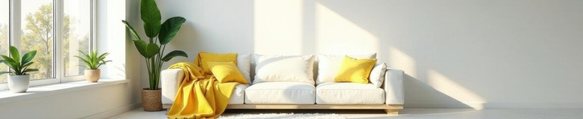Minimalist living room, white walls, green plants, yellow blanket, clean, light, green