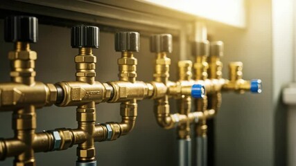 Industrial brass plumbing system pipes and valves. Detailed plumbing system with brass pipes and valves.  Closeup shot industrial plumbing system for engineering projects.