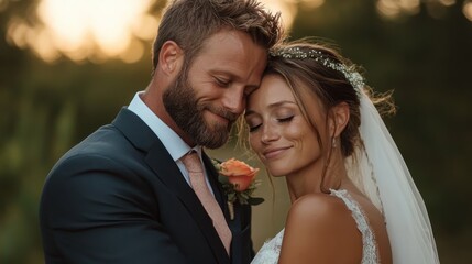 A loving couple shares a warm embrace at sunset, their expressions reflecting happiness and connection, embodying the essence of romance and togetherness.