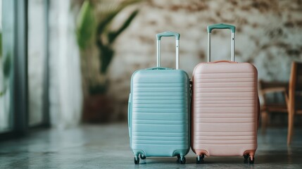 A pair of stylish suitcases in soft pastel colors awaits in a bright and airy environment, symbolizing the excitement of travel, adventure, and new experiences ahead.