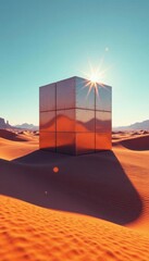 Giant metal cube casts long shadow across surreal desert dunes , desert, arid
