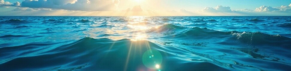Sunbeams highlight the still ocean surface, a brilliant blue canvas , sun, ocean view