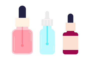 Colorful skincare serum bottles collection with droppers in pink, blue, and burgundy shades. Perfect for beauty, cosmetics, and skincare product designs. High-resolution isolated PNG