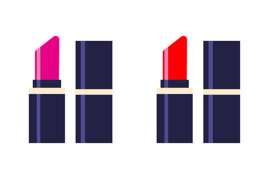 Colorful lipstick collection, set illustration with pink and red shades in dark blue cases. Modern cosmetic design perfect for beauty, makeup, fashion projects. High-resolution isolated PNG format