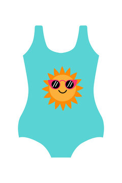 Cute turquoise one-piece swimsuit with a smiling sun wearing pink sunglasses. Fun summer vector perfect for beachwear, kids' fashion, or vacation themes. High-res isolated PNG 