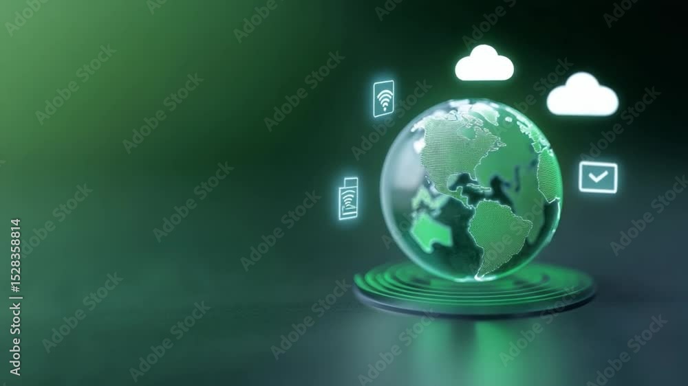 Poster Global Connectivity: Illuminated digital globe symbolizes worldwide data sharing and cloud computing, representing the interconnectedness of the modern world. Illustrating data security.