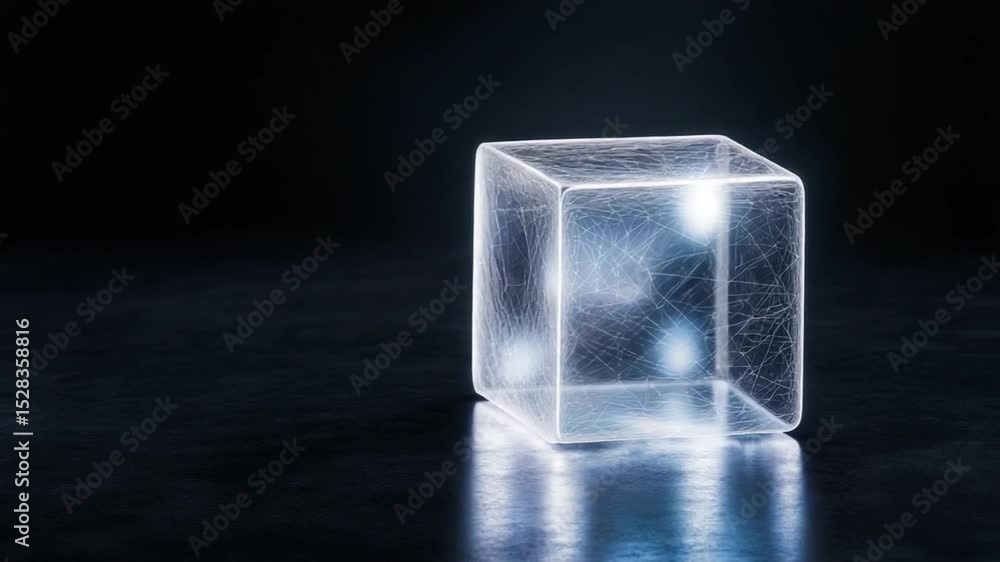 Aufkleber Transparent Cube's Geometric Grace: A radiant, transparent cube is spotlighted, its form echoing simplicity and the intersection of light and shadow creating an exquisite, futuristic ambience.