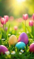 Pastel colored eggs, blooming tulips, sunlit meadow, nature, joy, eggs