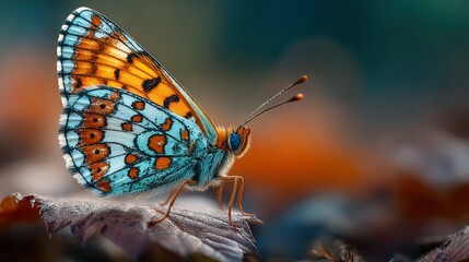 Obraz premium A butterfly with blue and orange wings is standing on a leaf. The butterfly is the main focus of the image, and the leaf provides a contrasting background. Concept of tranquility and beauty