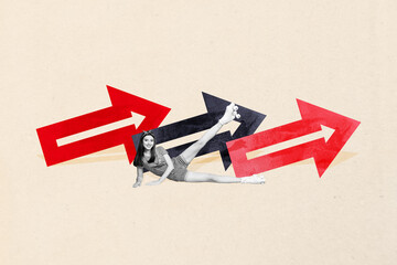 3d vertical image artwork collage of happy businesswoman lay arrow wear roller-skates development...