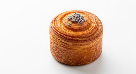 A round pastry with a golden-brown crust and a decorative lavender topping. The pastry has a flaky texture and is placed on a white background.