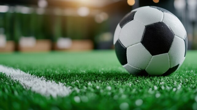 A detailed close-up of a classic black and white soccer ball resting on vivid green turf, capturing the essence of sports, teamwork, and physical activity in a dynamic setting.