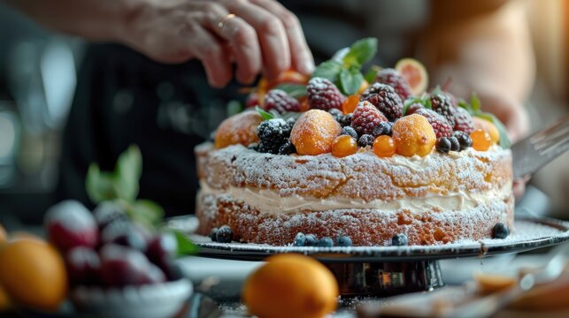 An exquisite cake adorned with an array of fresh fruits and berries showcases creativity and culinary artistry, highlighting the joy of celebrations and delicious food experiences.