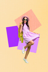Vertical sketch 3d collage poster of happy girl dance relax party concert performance celebration...