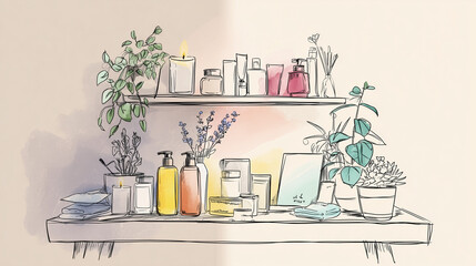 Natural skincare routine at home, Modern Line Art + Watercolor, organized beauty shelf with skincare products, candles, and plants