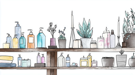 Natural skincare routine at home, Modern Line Art + Watercolor, vibrant shelf arrangement with beauty products, plants, and candles